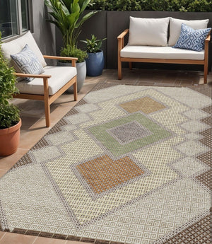 HomeRoots 5' Stylish Brown-Copper & Fern Green Geometric Washable Area Rug for Indoor & Outdoor Spaces 5' X 8' 631898