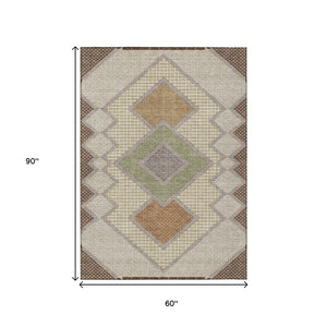 HomeRoots 5' Stylish Brown-Copper & Fern Green Geometric Washable Area Rug for Indoor & Outdoor Spaces 5' X 8' 631898