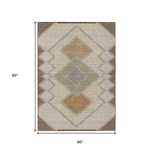 HomeRoots 5' Stylish Brown-Copper & Fern Green Geometric Washable Area Rug for Indoor & Outdoor Spaces 5' X 8' 631898