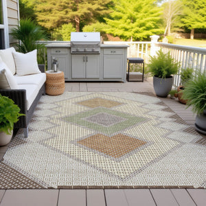 HomeRoots 5' Stylish Brown-Copper & Fern Green Geometric Washable Area Rug for Indoor & Outdoor Spaces 5' X 8' 631898