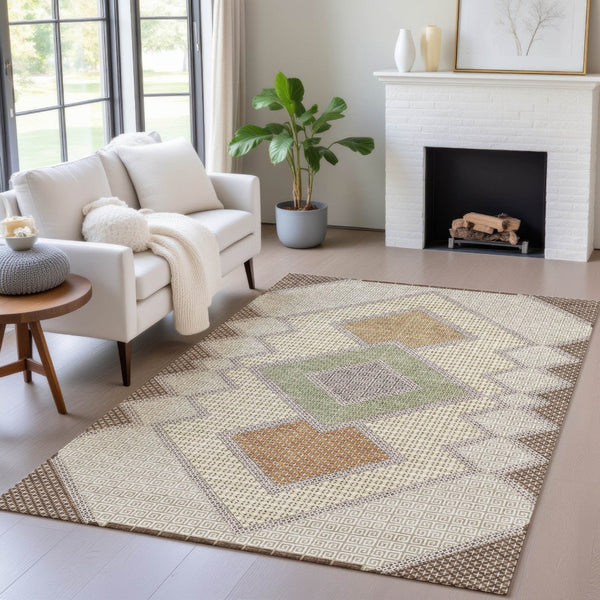 HomeRoots 5' Stylish Brown-Copper & Fern Green Geometric Washable Area Rug for Indoor & Outdoor Spaces 5' X 8' 631898