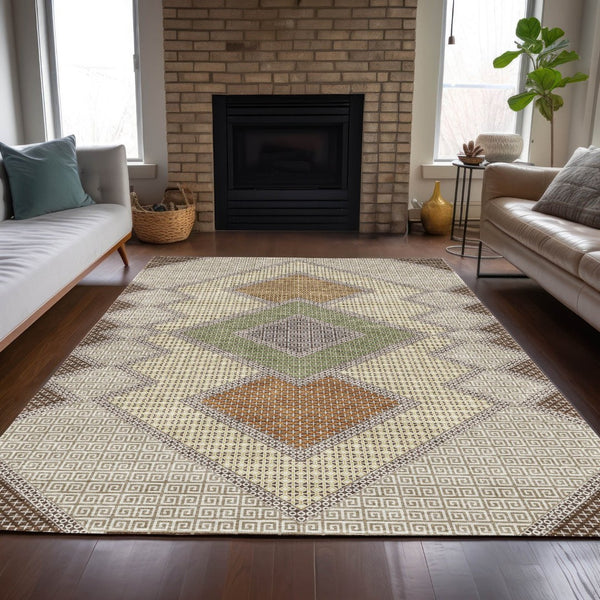 HomeRoots 5' Stylish Brown-Copper & Fern Green Geometric Washable Area Rug for Indoor & Outdoor Spaces 5' X 8' 631898