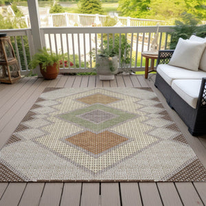 HomeRoots 5' Stylish Brown-Copper & Fern Green Geometric Washable Area Rug for Indoor & Outdoor Spaces 5' X 8' 631898