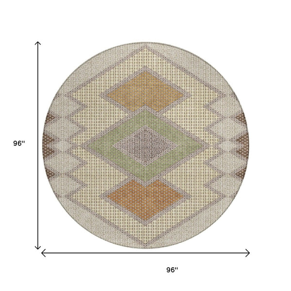 HomeRoots 5' Stylish Brown-Copper & Fern Green Geometric Washable Area Rug for Indoor & Outdoor Spaces 8' Round 631899