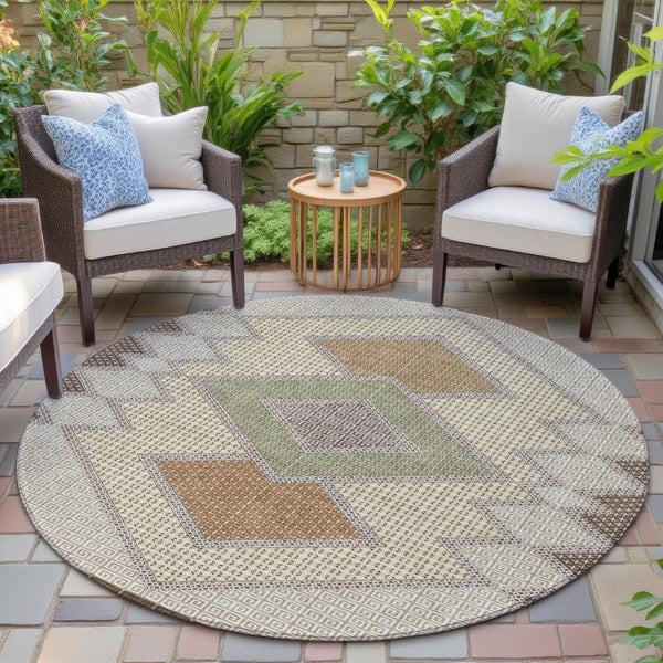 HomeRoots 5' Stylish Brown-Copper & Fern Green Geometric Washable Area Rug for Indoor & Outdoor Spaces 8' Round 631899