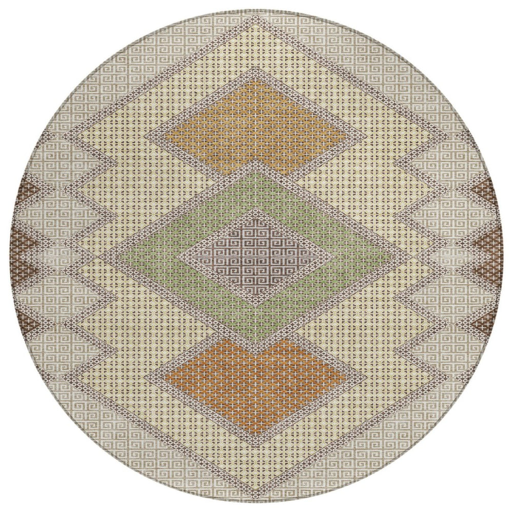 HomeRoots 5' Stylish Brown-Copper & Fern Green Geometric Washable Area Rug for Indoor & Outdoor Spaces 8' Round 631899