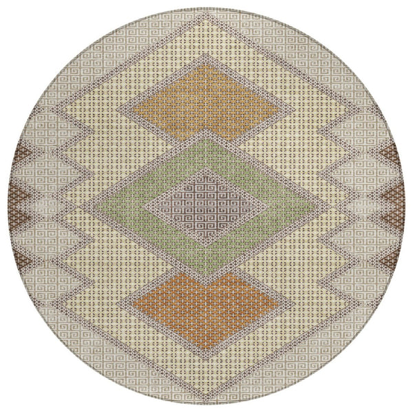 HomeRoots 5' Stylish Brown-Copper & Fern Green Geometric Washable Area Rug for Indoor & Outdoor Spaces 8' Round 631899