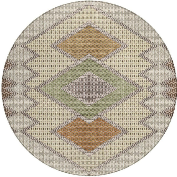 HomeRoots 5' Stylish Brown-Copper & Fern Green Geometric Washable Area Rug for Indoor & Outdoor Spaces 8' Round 631899