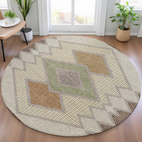 HomeRoots 5' Stylish Brown-Copper & Fern Green Geometric Washable Area Rug for Indoor & Outdoor Spaces 8' Round 631899