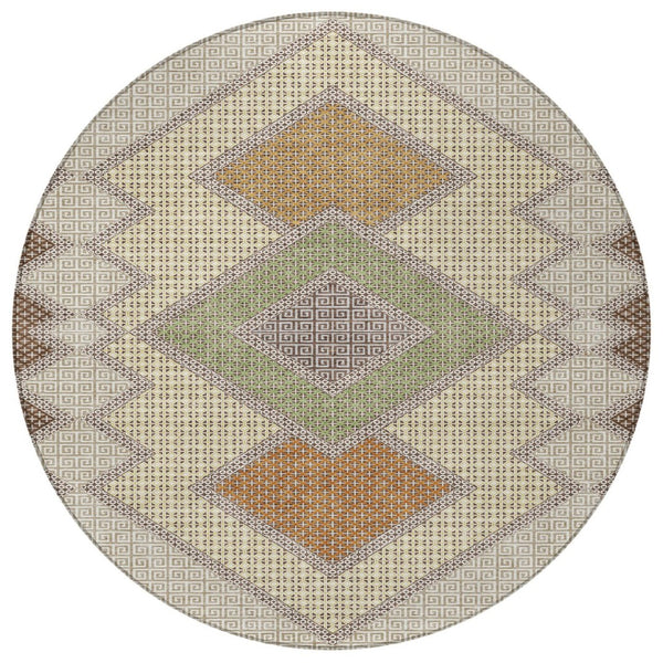 HomeRoots 5' Stylish Brown-Copper & Fern Green Geometric Washable Area Rug for Indoor & Outdoor Spaces 8' Round 631899