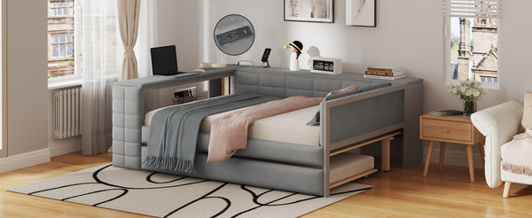 English Elm Full Size Upholstered Platform Bed With Trundle, Charging Station, And Smart Storage In Gray Velvet N7090000604E
