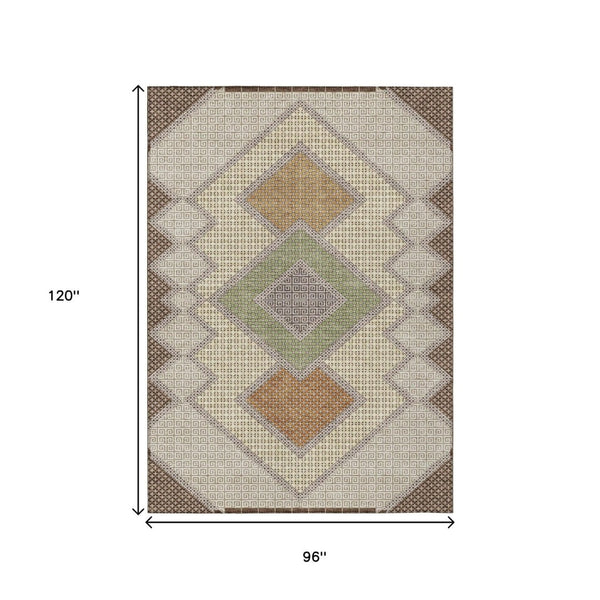 HomeRoots 5' Stylish Brown-Copper & Fern Green Geometric Washable Area Rug for Indoor & Outdoor Spaces 8' X 10' 631900