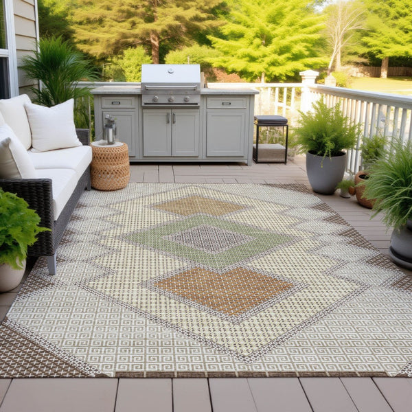 HomeRoots 5' Stylish Brown-Copper & Fern Green Geometric Washable Area Rug for Indoor & Outdoor Spaces 8' X 10' 631900