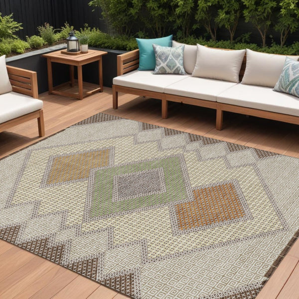 HomeRoots 5' Stylish Brown-Copper & Fern Green Geometric Washable Area Rug for Indoor & Outdoor Spaces 9' X 12' 631901