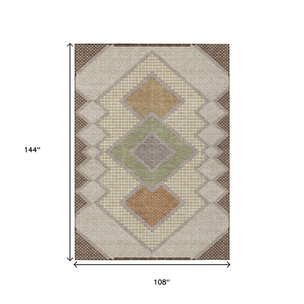 HomeRoots 5' Stylish Brown-Copper & Fern Green Geometric Washable Area Rug for Indoor & Outdoor Spaces 9' X 12' 631901