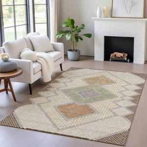 HomeRoots 5' Stylish Brown-Copper & Fern Green Geometric Washable Area Rug for Indoor & Outdoor Spaces 9' X 12' 631901