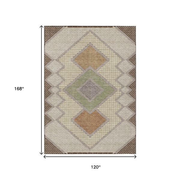 HomeRoots 5' Stylish Brown-Copper & Fern Green Geometric Washable Area Rug for Indoor & Outdoor Spaces 10' X 14' 631902