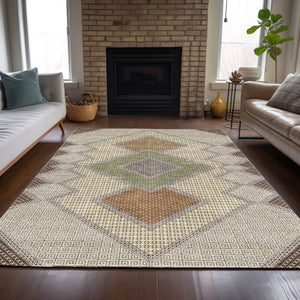 HomeRoots 5' Stylish Brown-Copper & Fern Green Geometric Washable Area Rug for Indoor & Outdoor Spaces 10' X 14' 631902