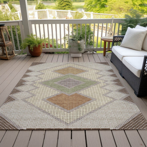 HomeRoots 5' Stylish Brown-Copper & Fern Green Geometric Washable Area Rug for Indoor & Outdoor Spaces 10' X 14' 631902