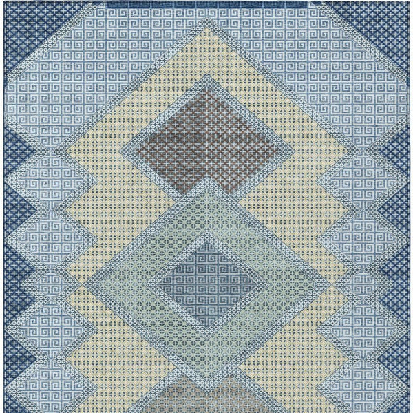 HomeRoots 5' Stylish Geometric Washable Area Rug in Denim Blue, Gray & Brown for Indoor/Outdoor Use 5' X 8' 631904
