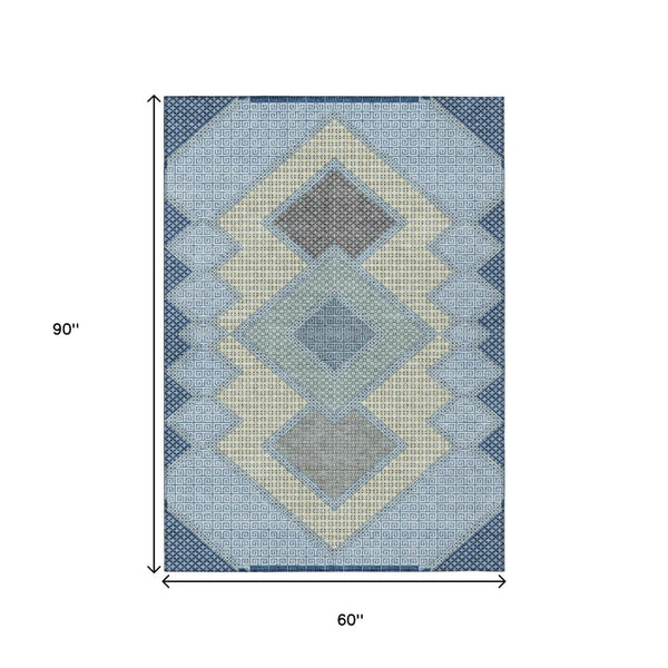 HomeRoots 5' Stylish Geometric Washable Area Rug in Denim Blue, Gray & Brown for Indoor/Outdoor Use 5' X 8' 631904