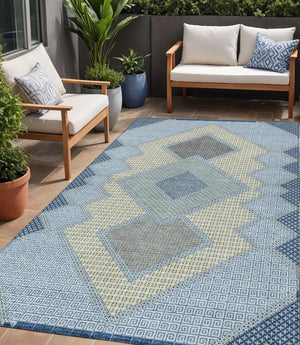 HomeRoots 5' Stylish Geometric Washable Area Rug in Denim Blue, Gray & Brown for Indoor/Outdoor Use 5' X 8' 631904