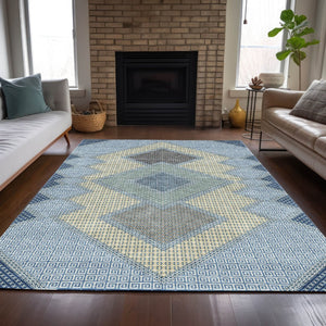 HomeRoots 5' Stylish Geometric Washable Area Rug in Denim Blue, Gray & Brown for Indoor/Outdoor Use 5' X 8' 631904