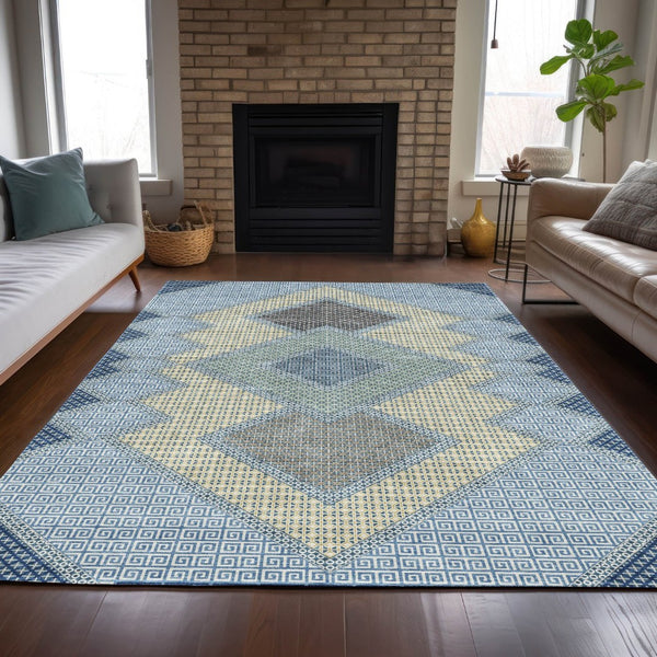 HomeRoots 5' Stylish Geometric Washable Area Rug in Denim Blue, Gray & Brown for Indoor/Outdoor Use 5' X 8' 631904