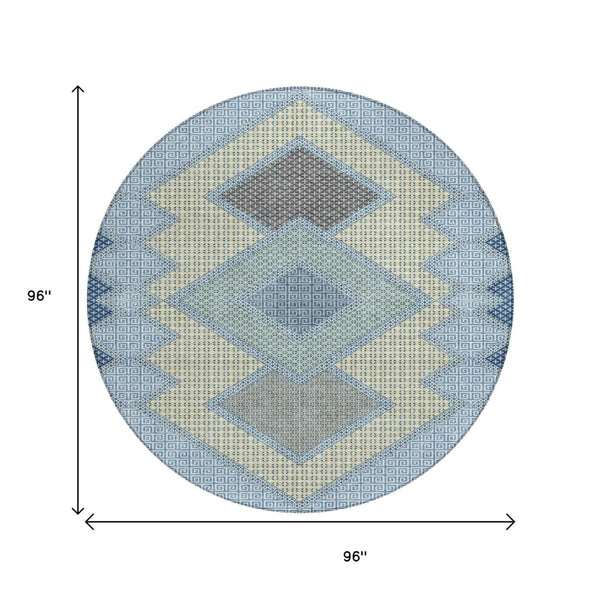 HomeRoots 5' Stylish Geometric Washable Area Rug in Denim Blue, Gray & Brown for Indoor/Outdoor Use 8' Round 631905