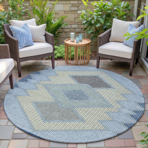 HomeRoots 5' Stylish Geometric Washable Area Rug in Denim Blue, Gray & Brown for Indoor/Outdoor Use 8' Round 631905