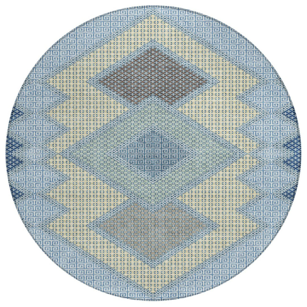HomeRoots 5' Stylish Geometric Washable Area Rug in Denim Blue, Gray & Brown for Indoor/Outdoor Use 8' Round 631905