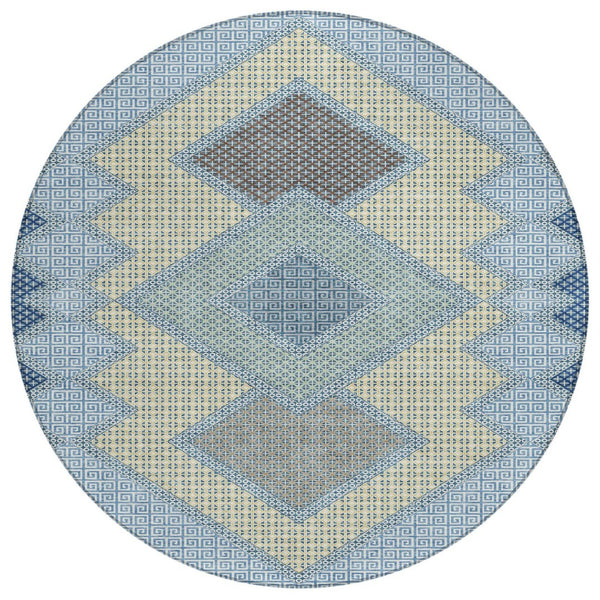 HomeRoots 5' Stylish Geometric Washable Area Rug in Denim Blue, Gray & Brown for Indoor/Outdoor Use 8' Round 631905