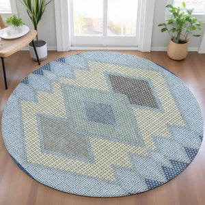HomeRoots 5' Stylish Geometric Washable Area Rug in Denim Blue, Gray & Brown for Indoor/Outdoor Use 8' Round 631905