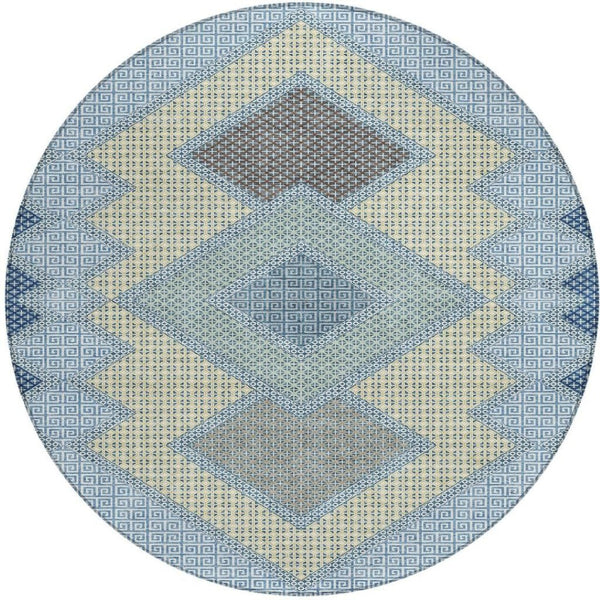 HomeRoots 5' Stylish Geometric Washable Area Rug in Denim Blue, Gray & Brown for Indoor/Outdoor Use 8' Round 631905