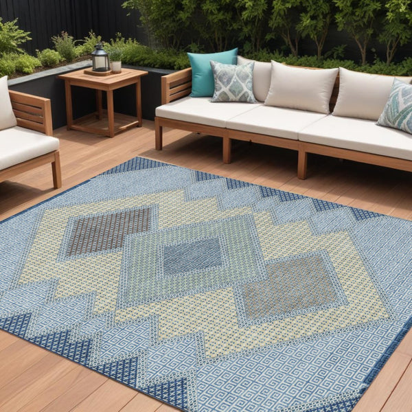 HomeRoots 5' Stylish Geometric Washable Area Rug in Denim Blue, Gray & Brown for Indoor/Outdoor Use 8' X 10' 631906