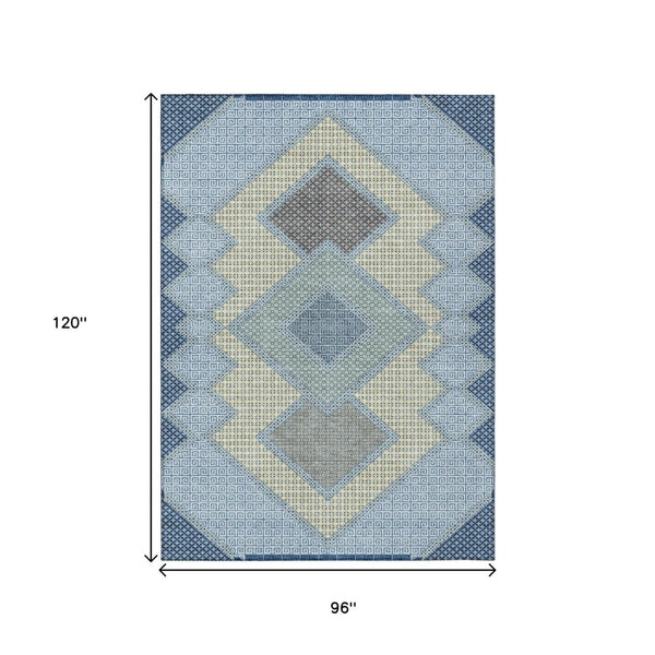 HomeRoots 5' Stylish Geometric Washable Area Rug in Denim Blue, Gray & Brown for Indoor/Outdoor Use 8' X 10' 631906