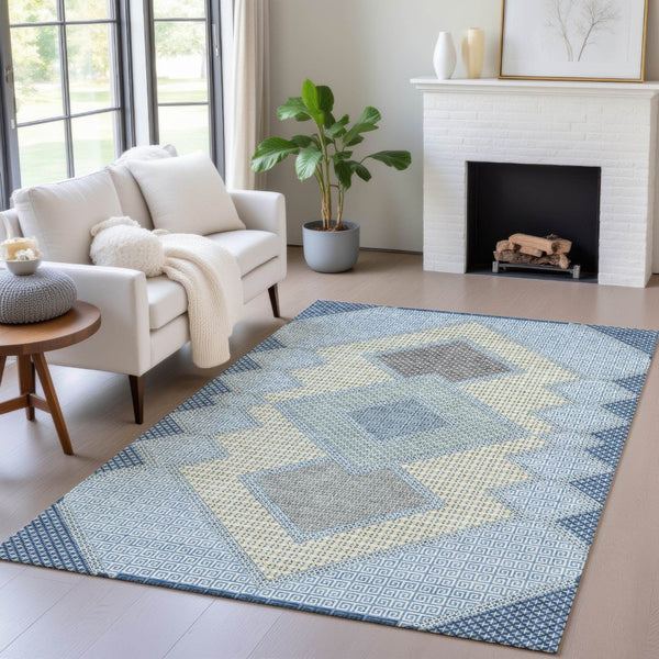 HomeRoots 5' Stylish Geometric Washable Area Rug in Denim Blue, Gray & Brown for Indoor/Outdoor Use 8' X 10' 631906
