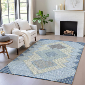 HomeRoots 5' Stylish Geometric Washable Area Rug in Denim Blue, Gray & Brown for Indoor/Outdoor Use 9' X 12' 631907