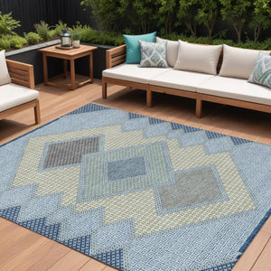 HomeRoots 5' Stylish Geometric Washable Area Rug in Denim Blue, Gray & Brown for Indoor/Outdoor Use 10' X 14' 631908