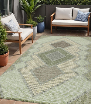 HomeRoots 5' Durable Geometric Area Rug in Green, Gray & Taupe – Stylish, Washable for Indoor & Outdoor Use 5' X 8' 631910
