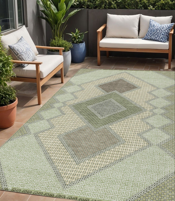 HomeRoots 5' Durable Geometric Area Rug in Green, Gray & Taupe – Stylish, Washable for Indoor & Outdoor Use 5' X 8' 631910