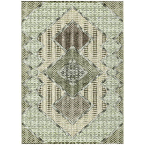 HomeRoots 5' Durable Geometric Area Rug in Green, Gray & Taupe – Stylish, Washable for Indoor & Outdoor Use 5' X 8' 631910