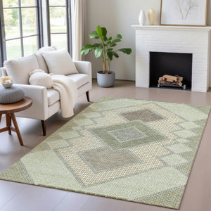 HomeRoots 5' Durable Geometric Area Rug in Green, Gray & Taupe – Stylish, Washable for Indoor & Outdoor Use 5' X 8' 631910