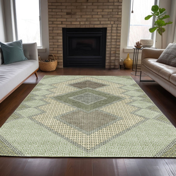 HomeRoots 5' Durable Geometric Area Rug in Green, Gray & Taupe – Stylish, Washable for Indoor & Outdoor Use 5' X 8' 631910