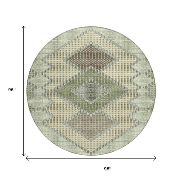HomeRoots 5' Durable Geometric Area Rug in Green, Gray & Taupe – Stylish, Washable for Indoor & Outdoor Use 8' Round 631911