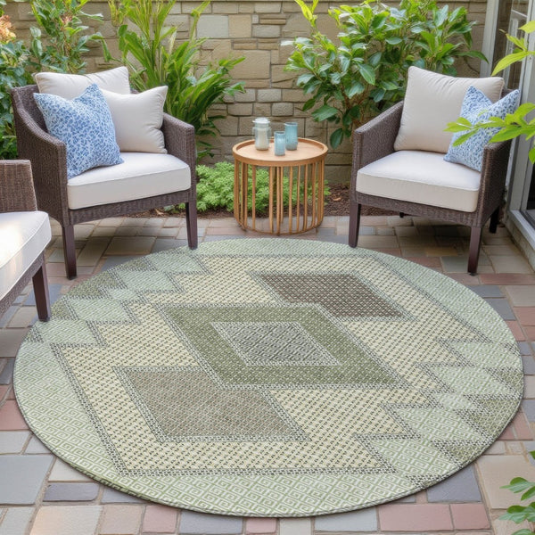 HomeRoots 5' Durable Geometric Area Rug in Green, Gray & Taupe – Stylish, Washable for Indoor & Outdoor Use 8' Round 631911