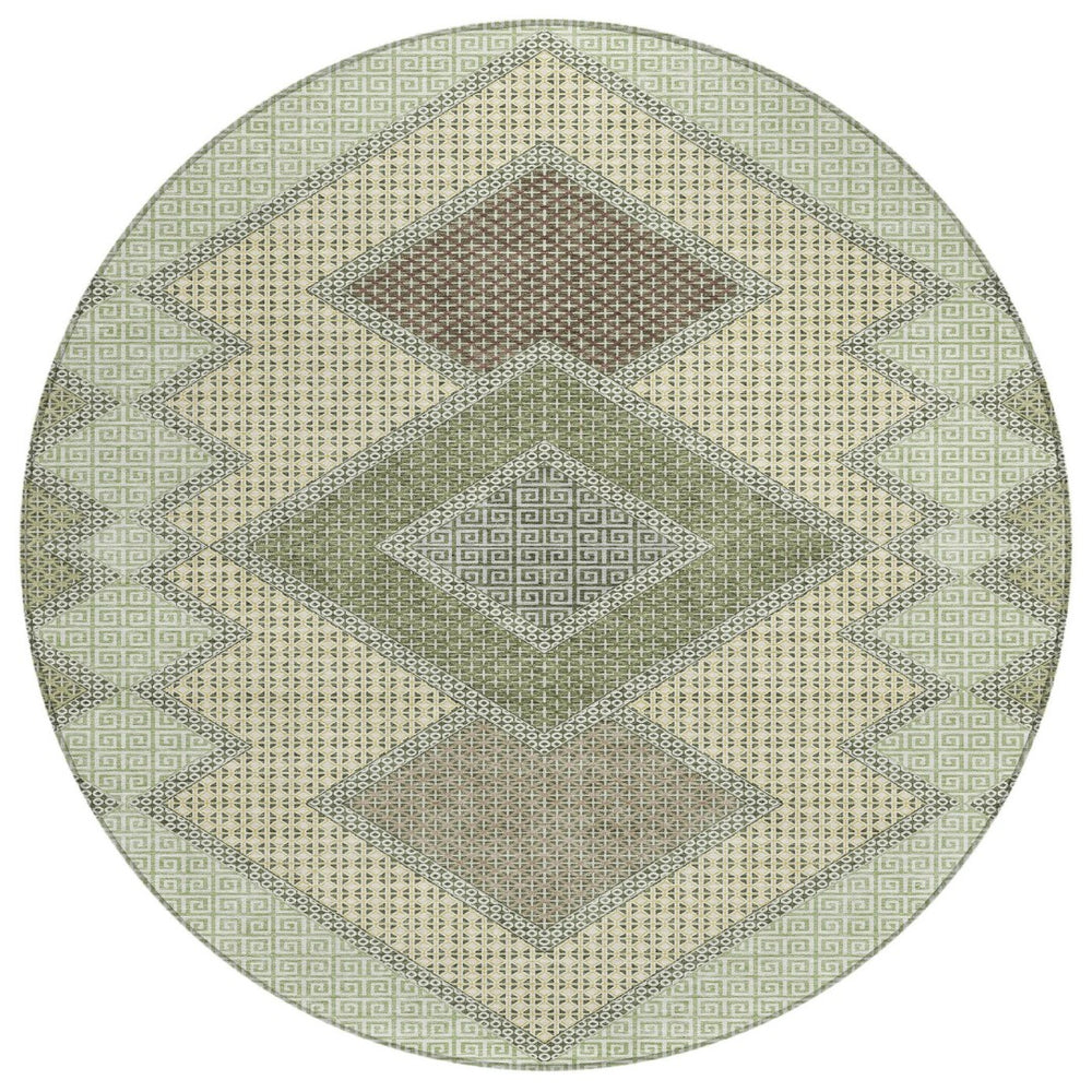 HomeRoots 5' Durable Geometric Area Rug in Green, Gray & Taupe – Stylish, Washable for Indoor & Outdoor Use 8' Round 631911
