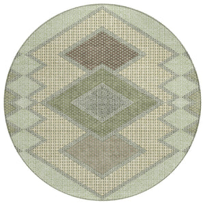 HomeRoots 5' Durable Geometric Area Rug in Green, Gray & Taupe – Stylish, Washable for Indoor & Outdoor Use 8' Round 631911