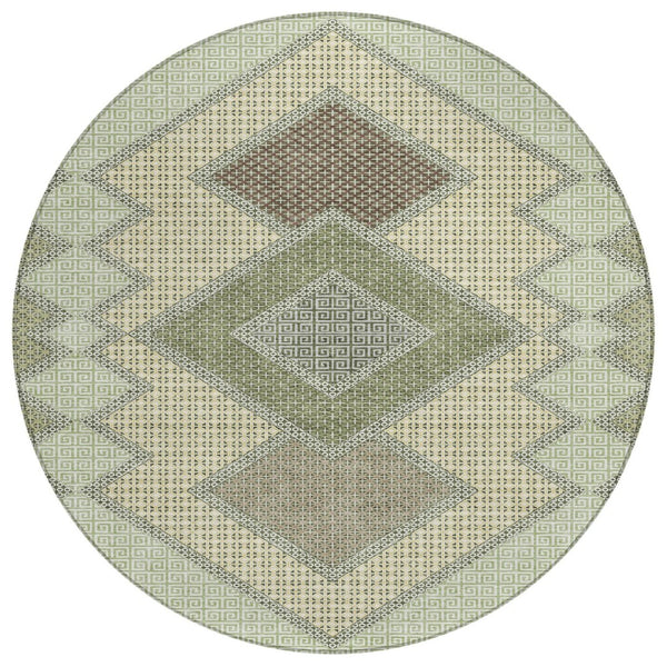 HomeRoots 5' Durable Geometric Area Rug in Green, Gray & Taupe – Stylish, Washable for Indoor & Outdoor Use 8' Round 631911