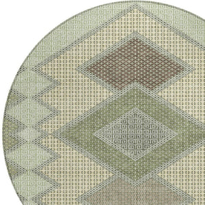 HomeRoots 5' Durable Geometric Area Rug in Green, Gray & Taupe – Stylish, Washable for Indoor & Outdoor Use 8' Round 631911